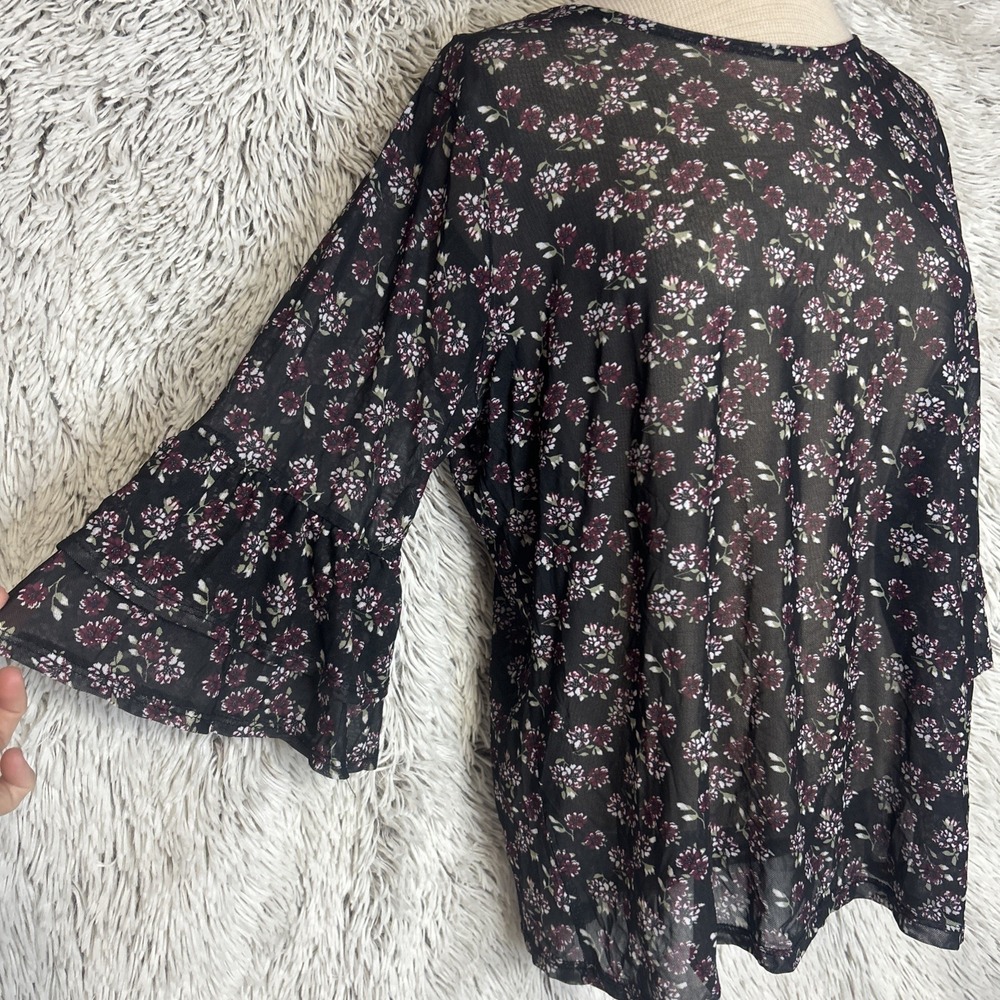 Daisy Floral print‎ Mesh Sheer 3/4 Tiered Bell Sleeve Tunic Top Boho Cottage XL